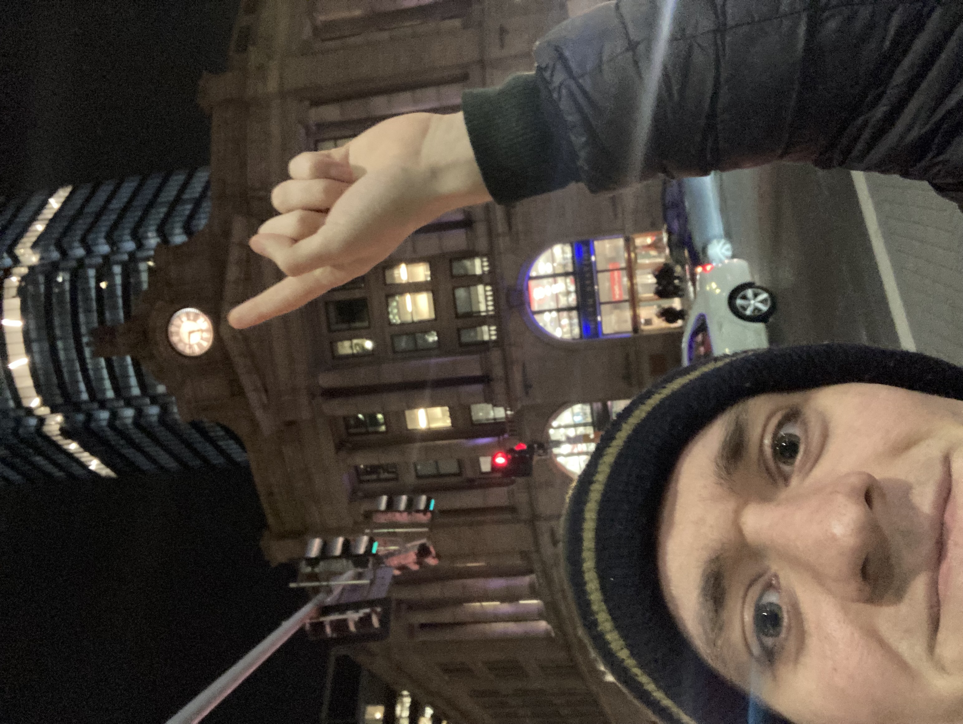 It's me! Pointing up at South Station's clock tower