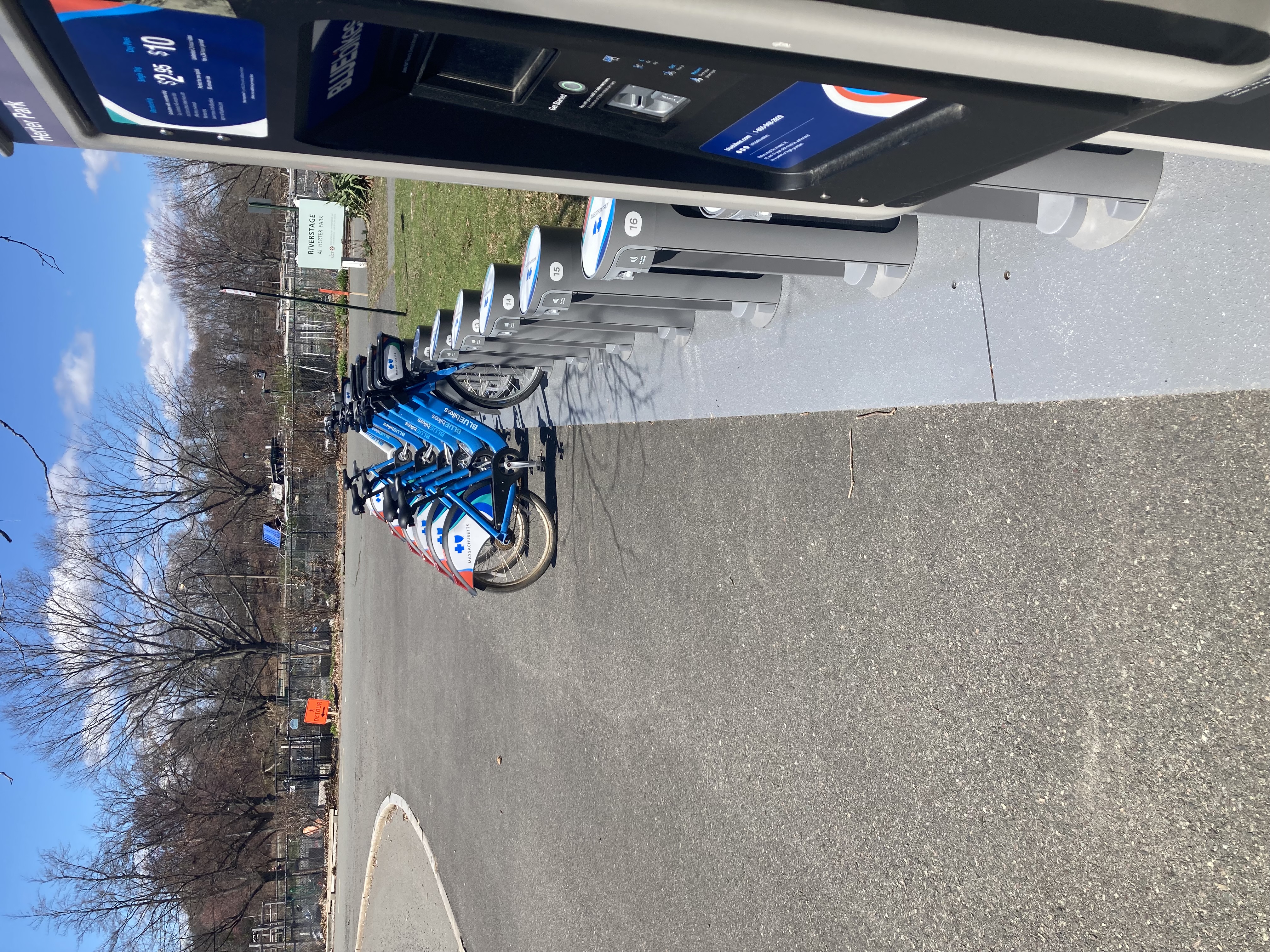 Blue bike docks in Herter park.