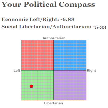 Political compass in the bottom left quadrant